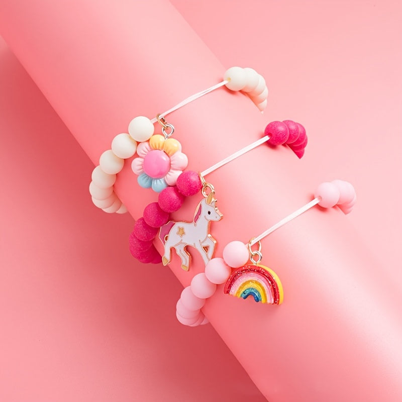 3pcs Girls Beaded Bracelets Unicorn Rainbow Flower Pendant