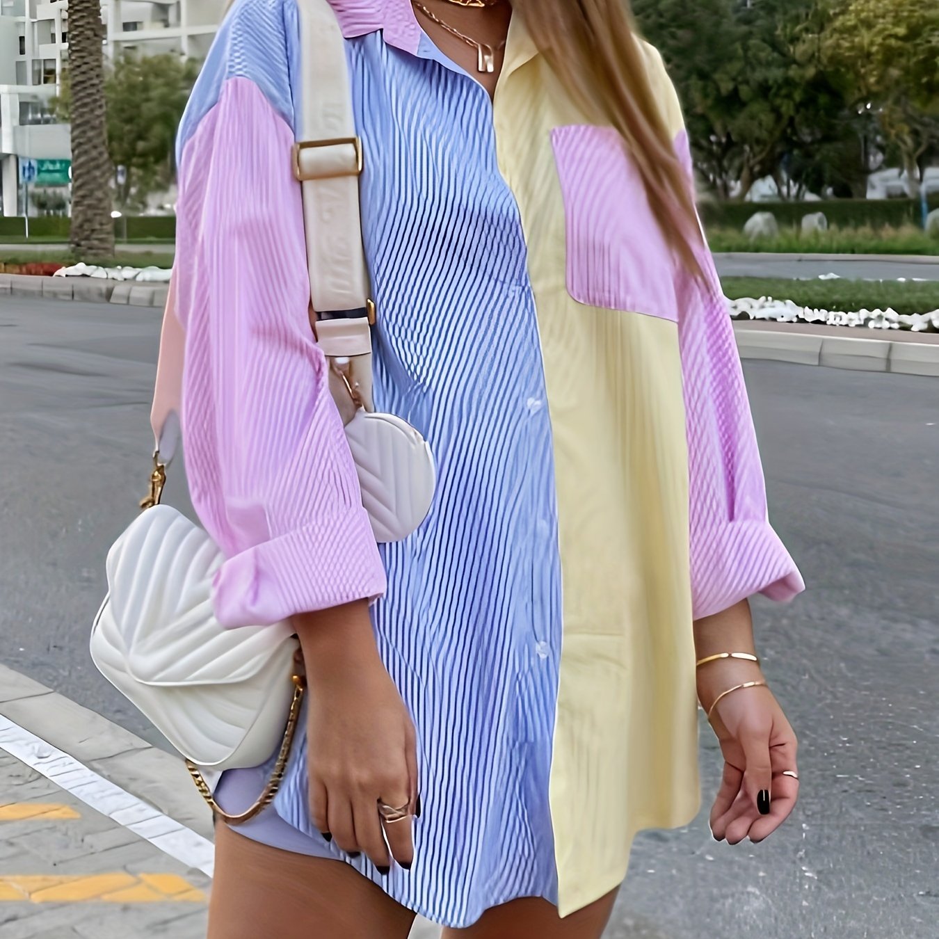  Colorblock Stripe Print Long Sleeve Tunic Shirt