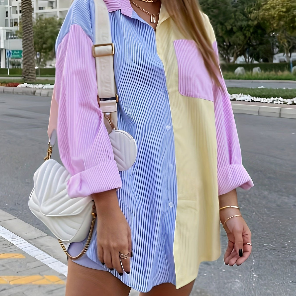  Colorblock Stripe Print Long Sleeve Tunic Shirt