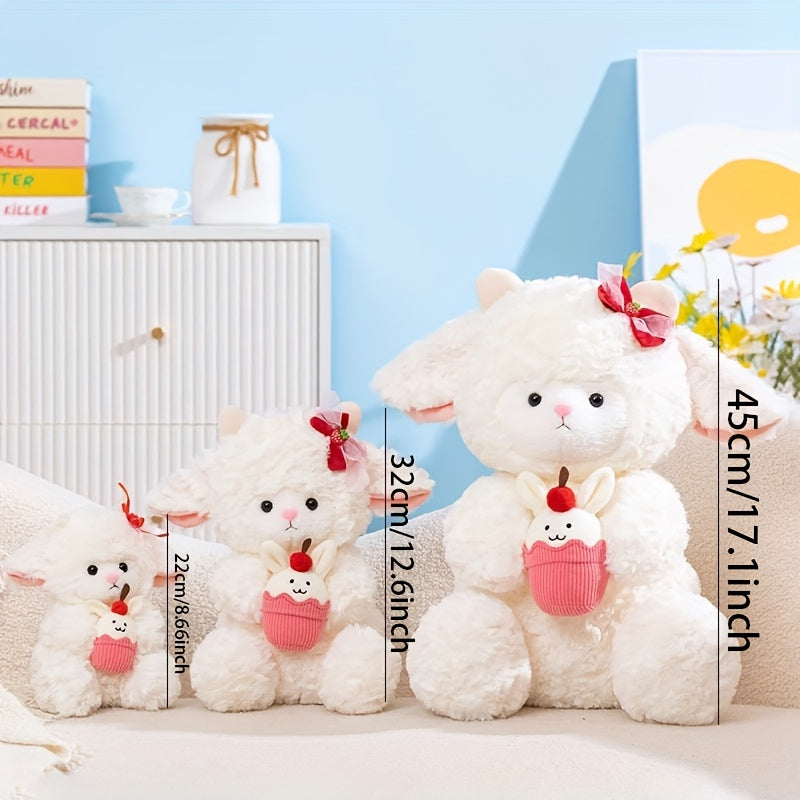 Soft Lamb Plush Toy with Red Bow & Cupcake Stuffed Animal