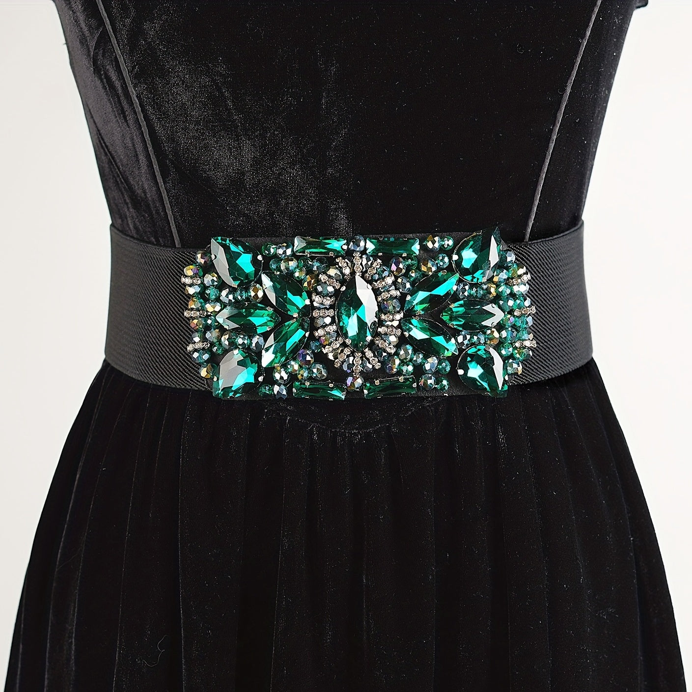 Green Rhinestone Wide Belt Full Crystal Buckle Vintage Elastic Waistband