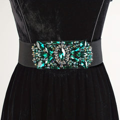 Green Rhinestone Wide Belt Full Crystal Buckle Vintage Elastic Waistband