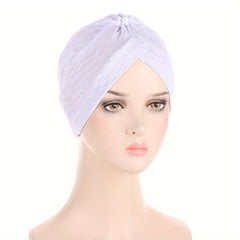 Top Knot Embossed Turban Cap Solid Pleated Head Wrap - Elastic Beanie Head Scarf