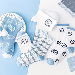5 Pairs Cartoon & Plaid Print Socks Mid Tube Stockings Women's Hosiery