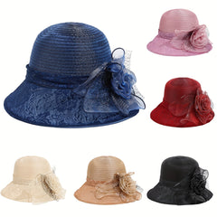 Embroidered Sun Hat Floral Decor Derby Hat Mesh Flower Bucket Hat