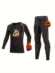Kids Compression Fleece Sets Dragon Pattern Crew Neck Pullover Matching Pant