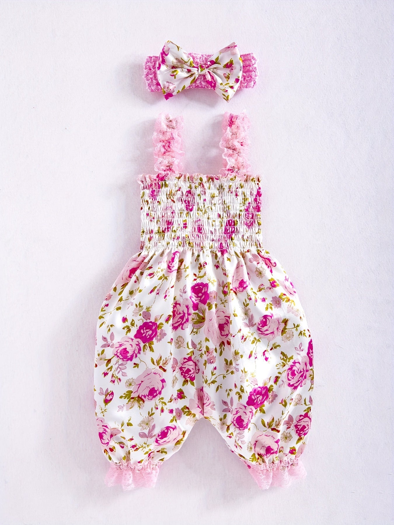 Baby Girls Floral Print Romper Jumpsuit & Headband Set