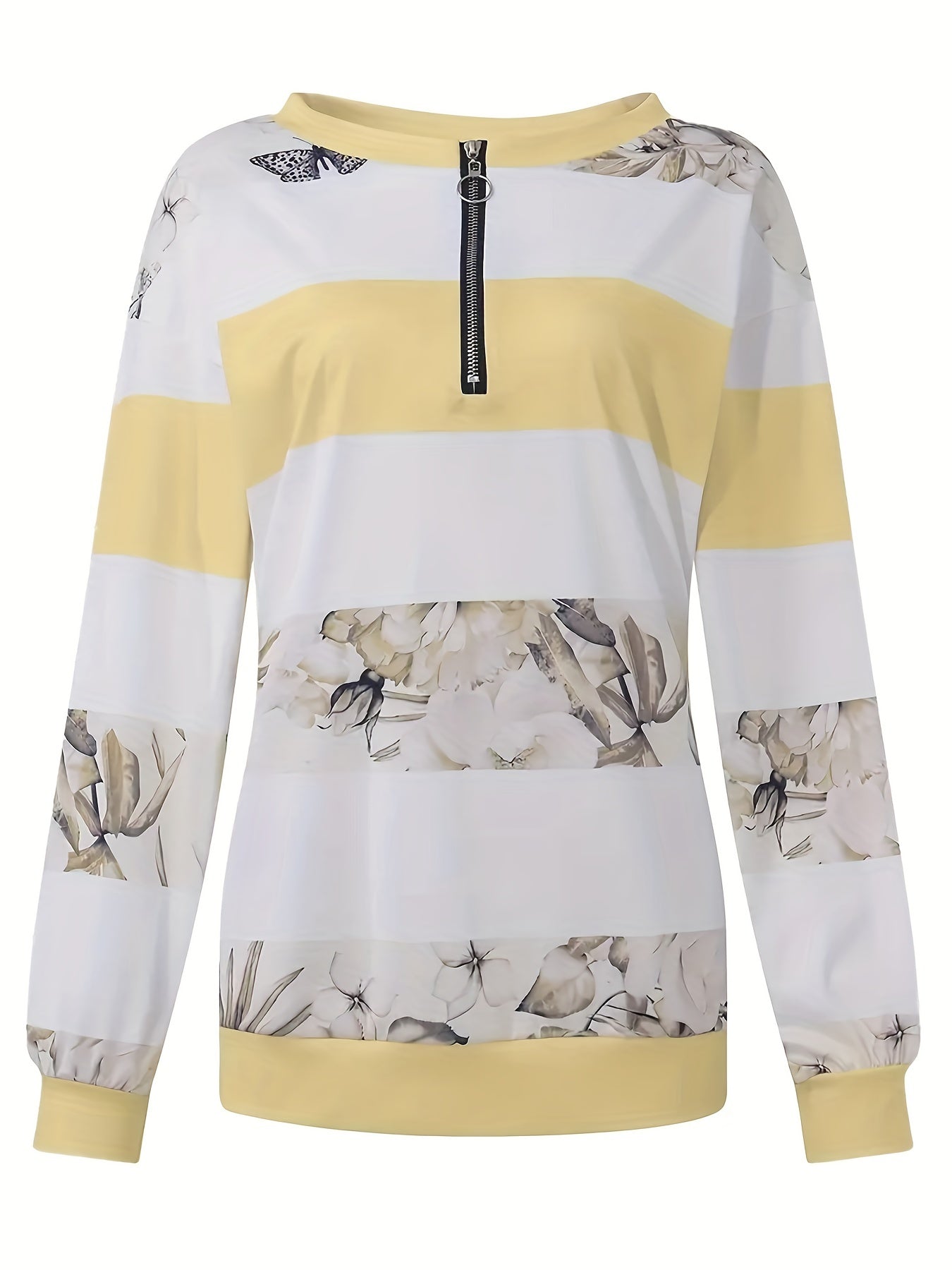 Floral Striped Zipper Sweatshirt for Fall & Winter