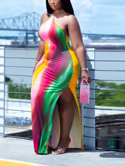  Tie Dye Print Halter Neck Maxi Dress Women's Plus Medium Stretch