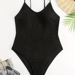  Solid Textured Scoop Neck One Piece Swimsuit