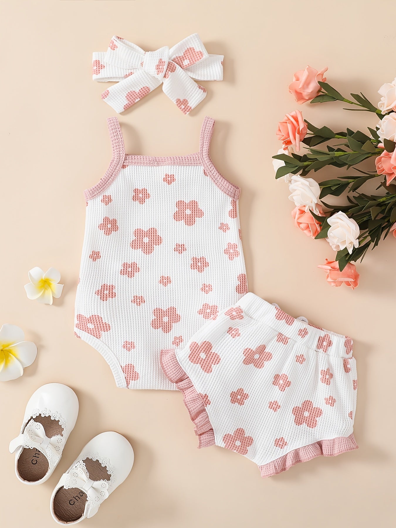 3pcs Baby Girls Floral Onesie & Shorts Set