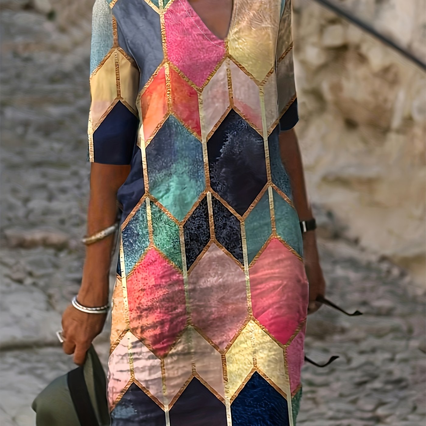 Multicolor V Neck Long Dress Mature Loose Sleeve Waist Dress