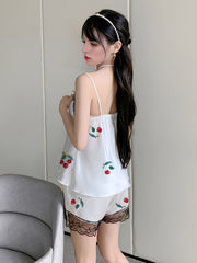 Cherry Print Lounge Set V Neck Cami Top & Lace Trim Shorts Women's Loungewear