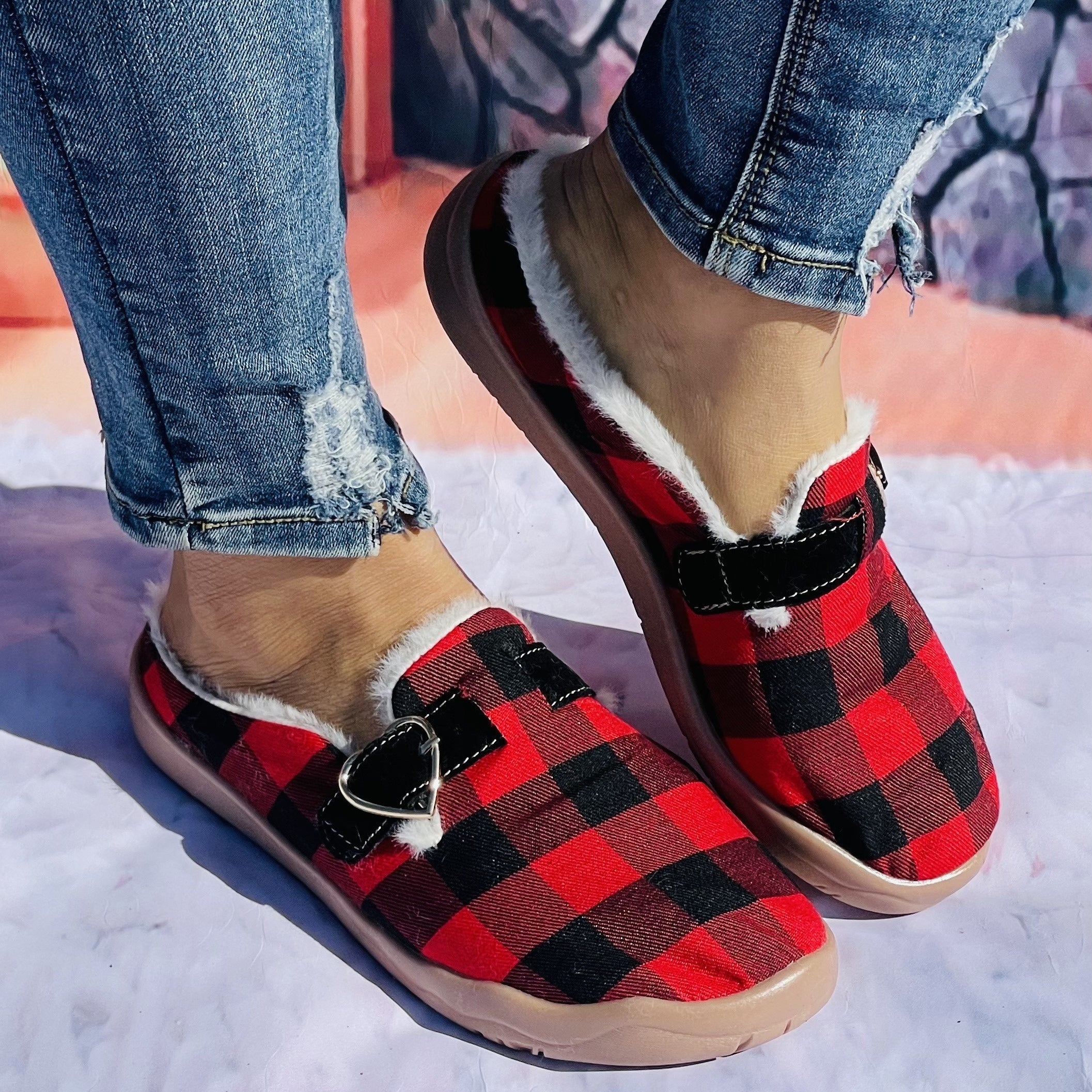 Winter Christmas Women's Plaid Furry Slippers Soft Comfortable Canvas Shoes
