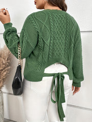  Lantern Sleeve V Neck Sweater with Knot Back