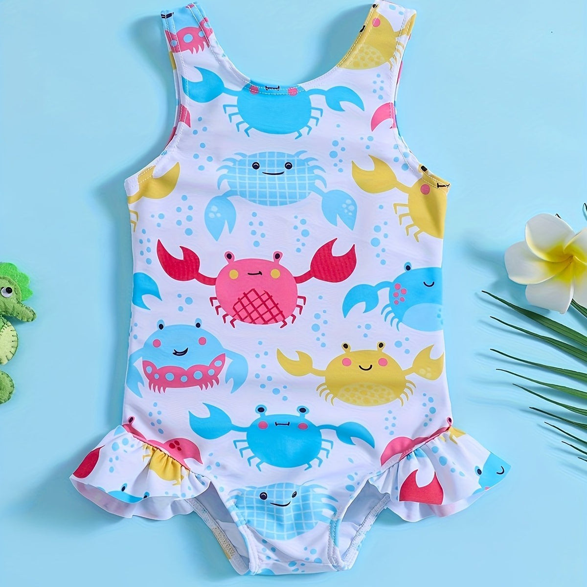 Sweet Crab Ruffle Trim 1pc Swimsuit Girls Bathing Suit Summer Beach Gift