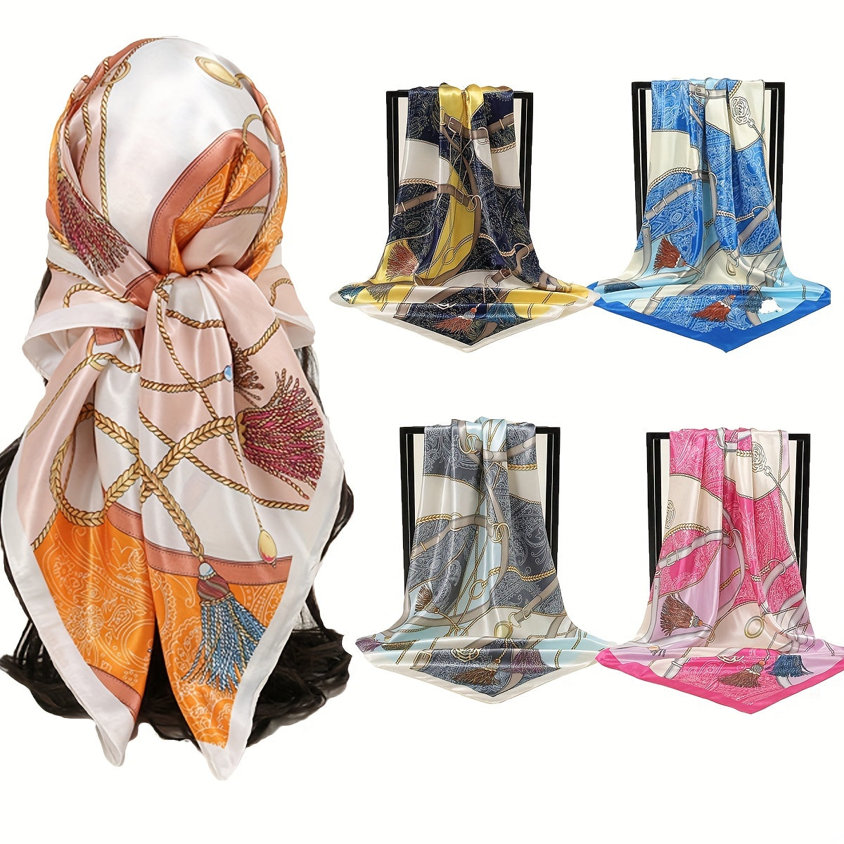 Geometric Chain Print Square Scarf Classic Satin Bandana Large Shawl