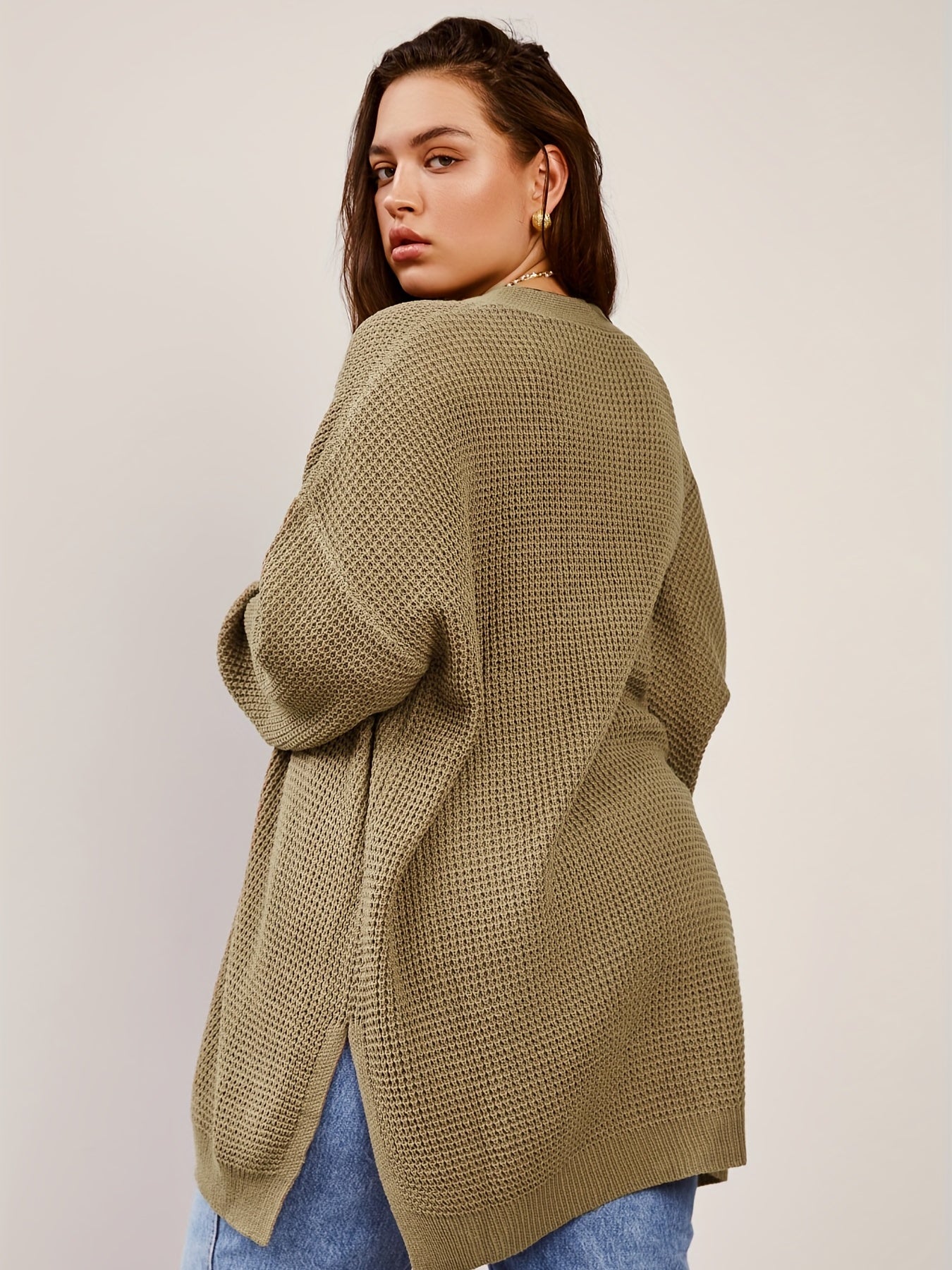  Casual Cardigan Women's Plus Plain Waffle Pattern Long Sleeve
