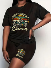 Women's Plus Girl & Motorcycle Print Crew Neck Top & Shorts Outfit Set