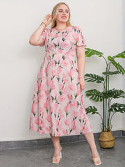Women's Plus Floral Print Short Sleeve Midi Dress
