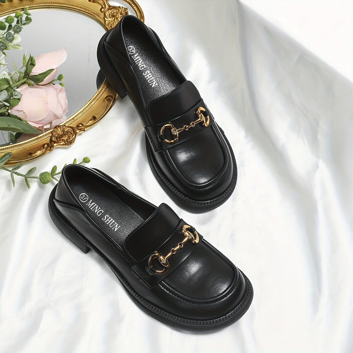 Women's Buckle Decor Loafers Slip On Shoes Preppy Style
