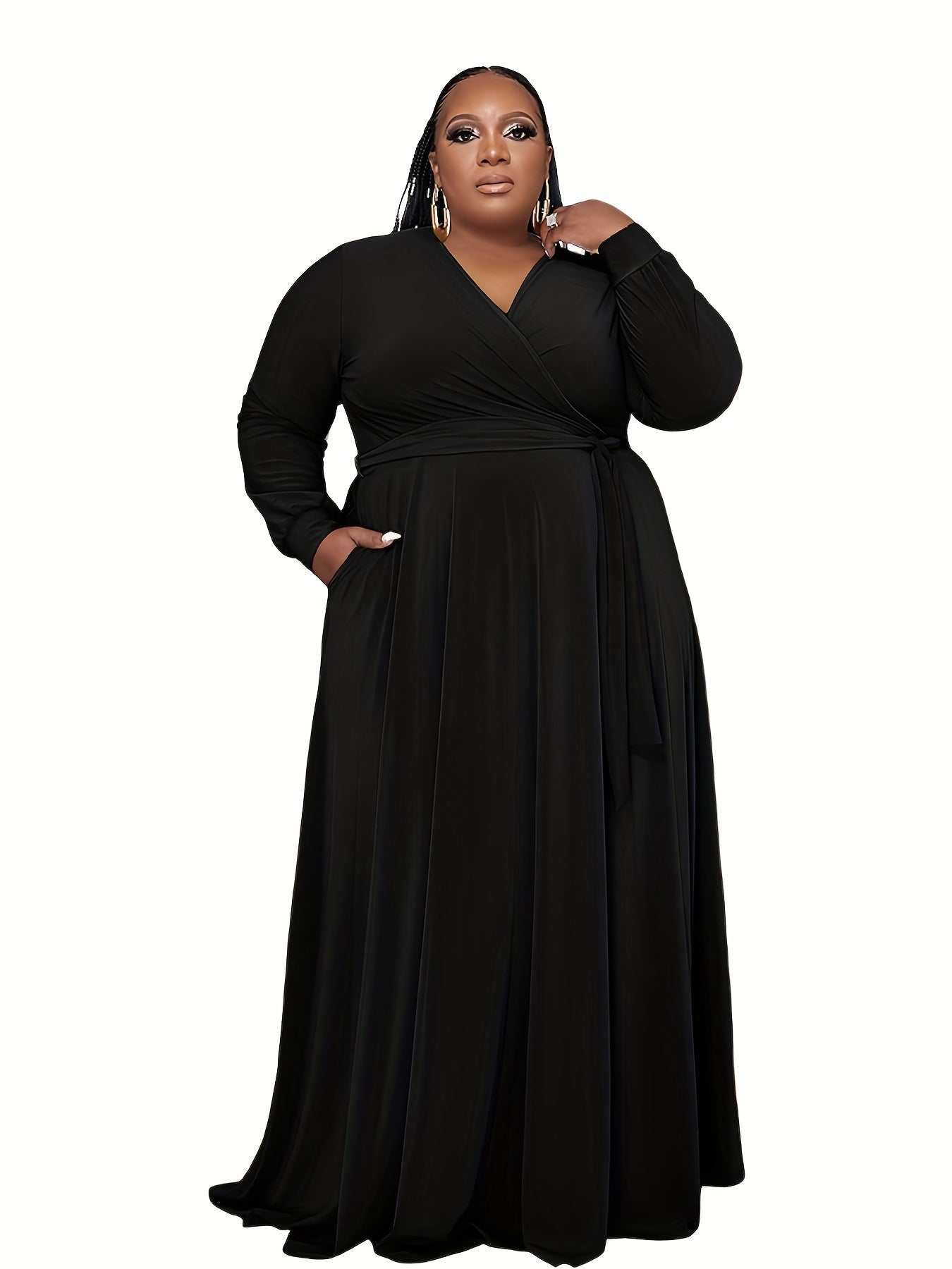  Solid Long Sleeve Maxi Dress Pockets