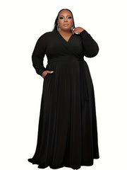  Solid Long Sleeve Maxi Dress Pockets