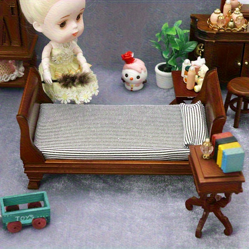 1:12 Scale Burgundy Classic Single Bed for Dollhouse Bedroom