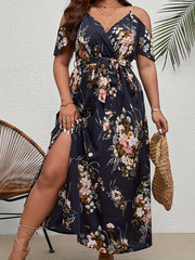 Women's Plus Floral Print Cold Shoulder Maxi Dress