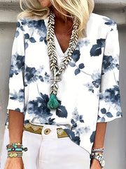  Floral Print V Neck T-shirt
