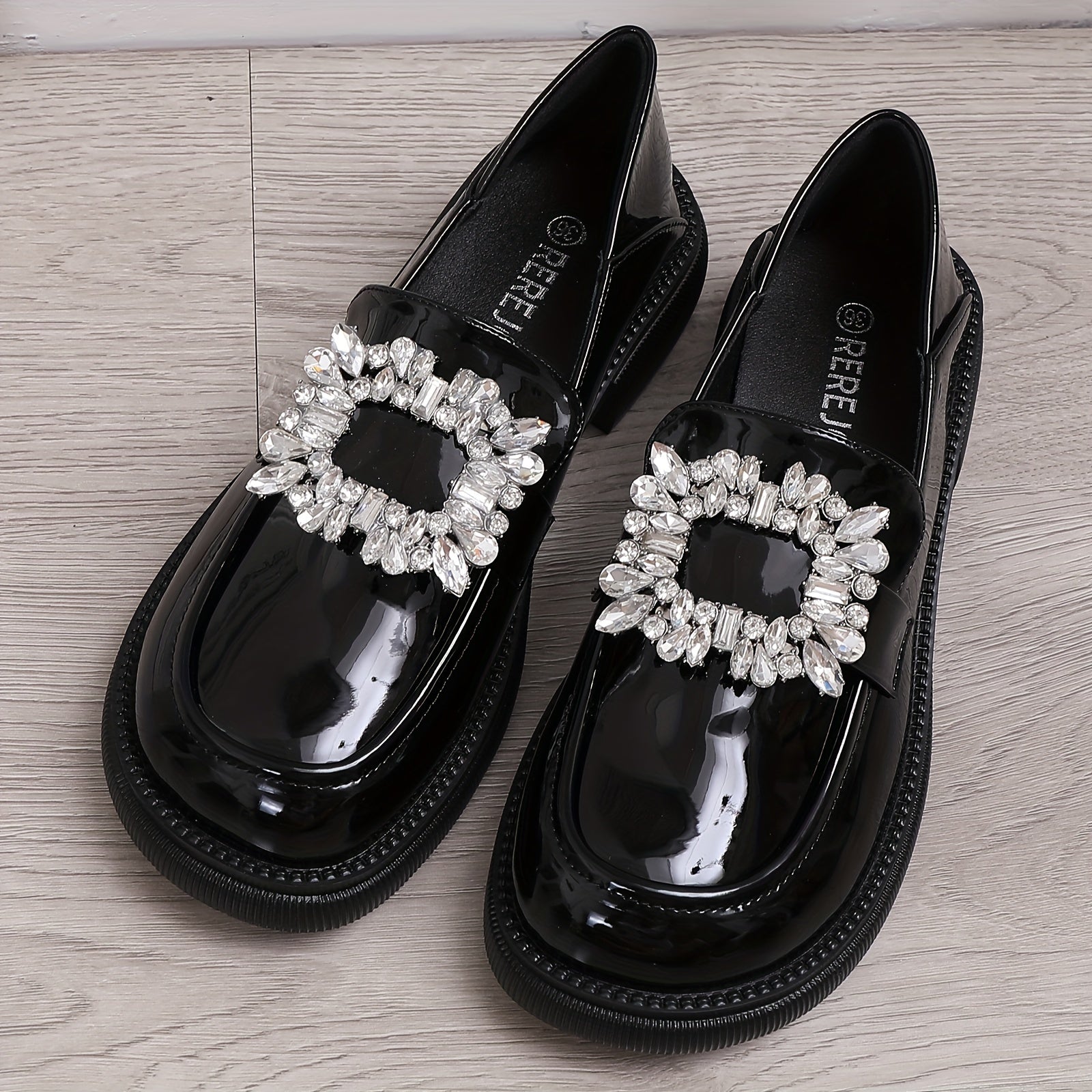 Rhinestone Chunky Heel Loafers Preppy Style Faux Leather Shoes