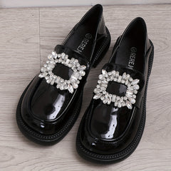 Rhinestone Chunky Heel Loafers Preppy Style Faux Leather Shoes