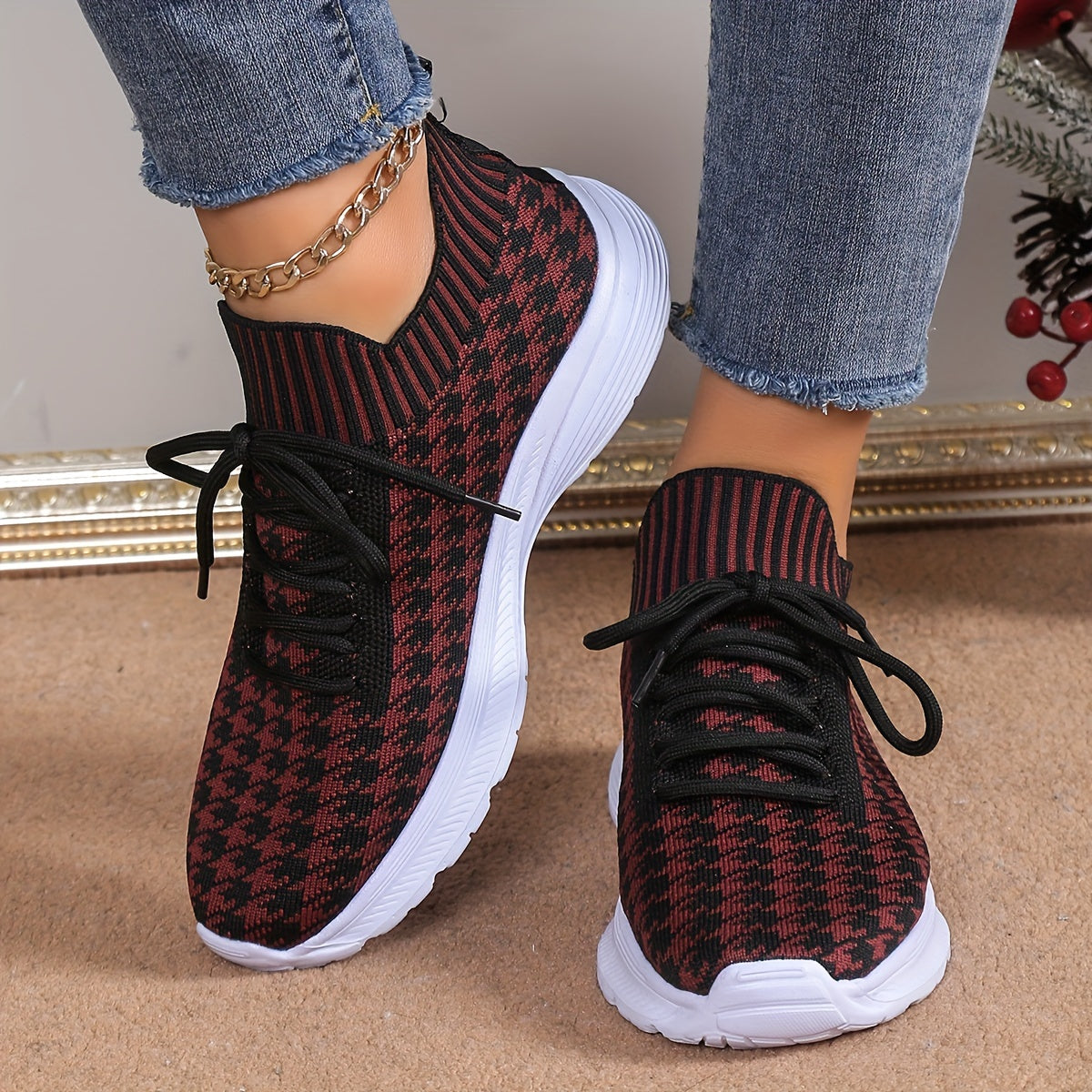 Women's Houndstooth Lace-up Sneakers Lightweight Sports Outdoor Shoes