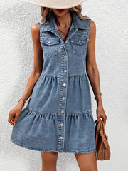  Denim Vest Dress Ruffle Trim Lapel Collar