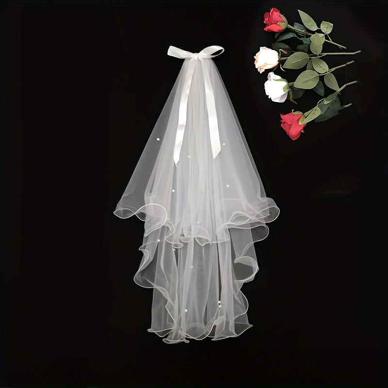Romantic French Style Double Layer Bridal Veil with Beaded Bow
