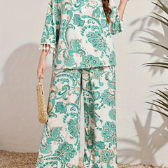  Floral Print Tassel Polo Neck Blouse & Wide Leg Pants Set