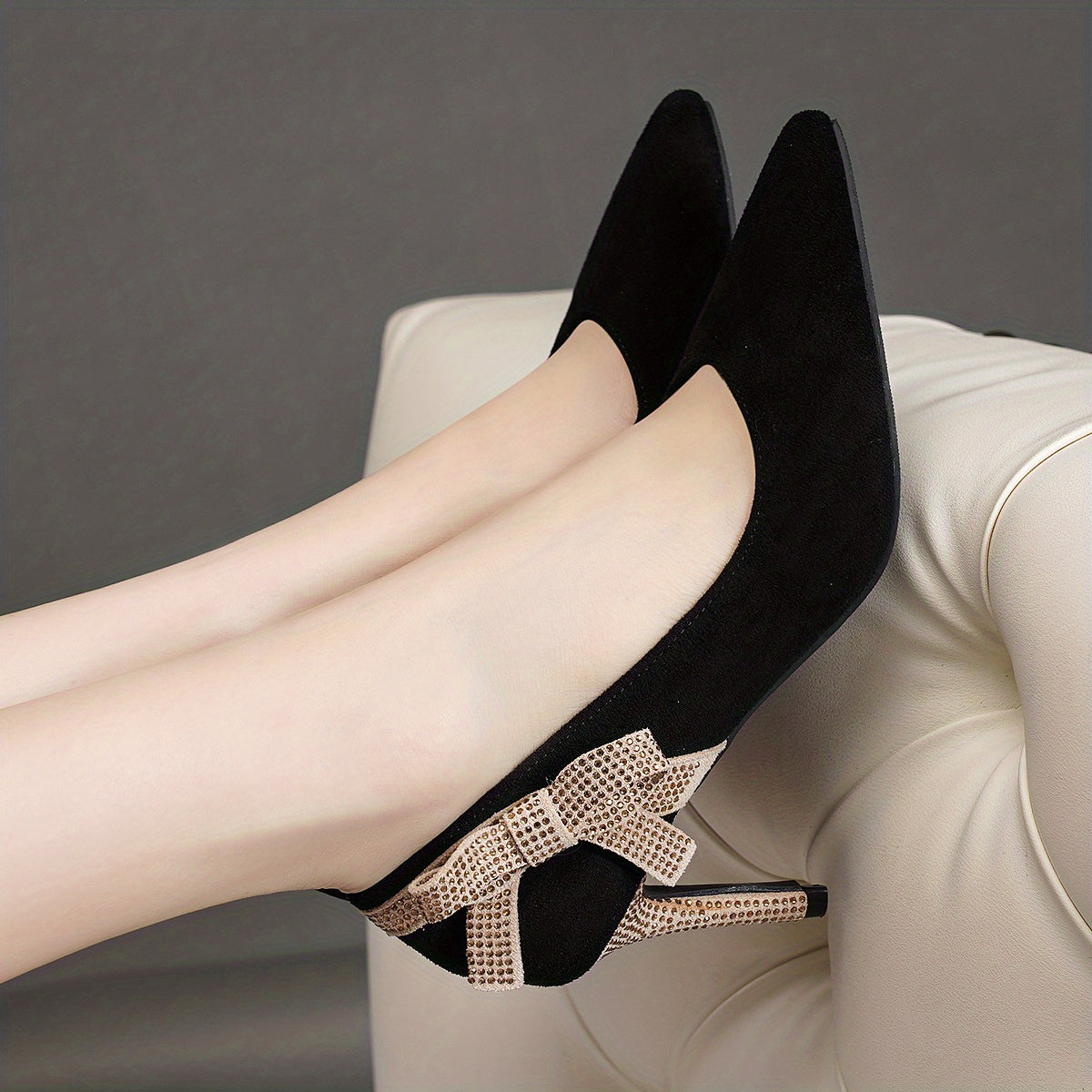 Women's Bowknot Rhinestone Pumps Pointed Toe Stiletto Heels
