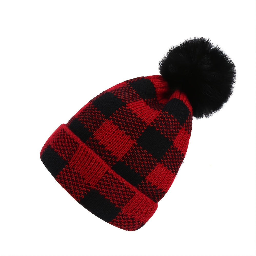 Red & Plaid Christmas Pom Pom Hat Set