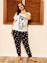  Cat Print Short Sleeve Top & Paw Print Pants Set