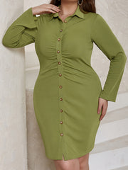  Casual Dress Women's Plus Solid Ruched Button Up Long Sleeve Shirt