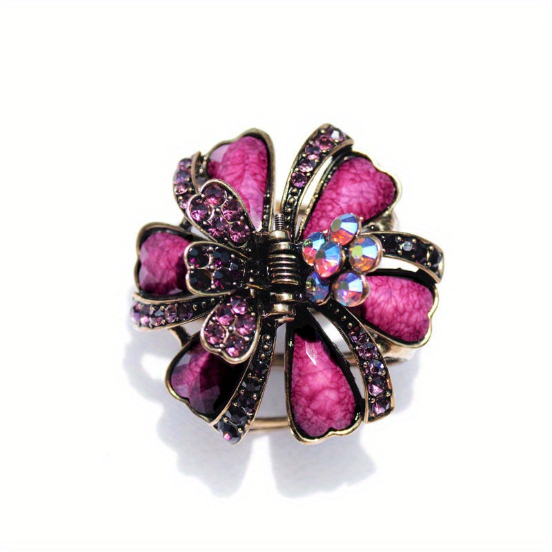 Vintage Turquoise Rhinestone Flower Hair Claw Clip