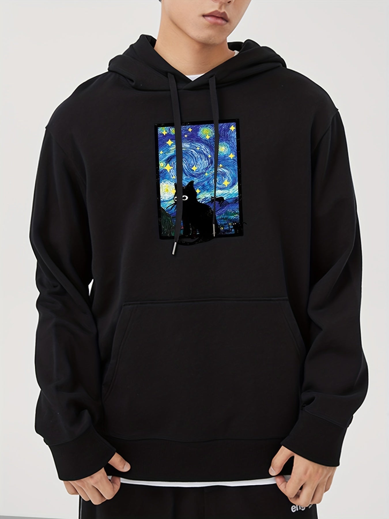 Starry Night & Cat Print Sweatshirt Men's Casual Graphic Crew Neck Pullover