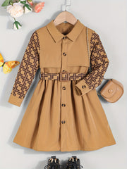 Girl's Geometric Print Long Sleeve Dress With Waistband