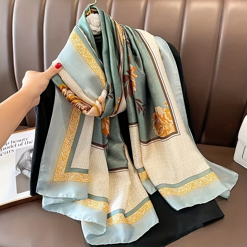 Flower Print Scarf Block Silk Shawl Satin Head Wrap Women Sunscreen
