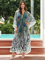 Peacock & Leopard Print Batwing Sleeve V Neck Side Split Cover Up Dress