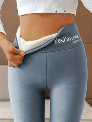  Sports Leggings Women's Plus Letter Print Fleece Lined Wide Waistband