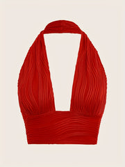 Y2K Textured Crop Halter Top Sexy V Neck Backless Halter Top