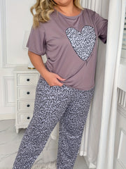  Leopard Heart Print Pajama Set Short Sleeve Round Neck Top & Pants