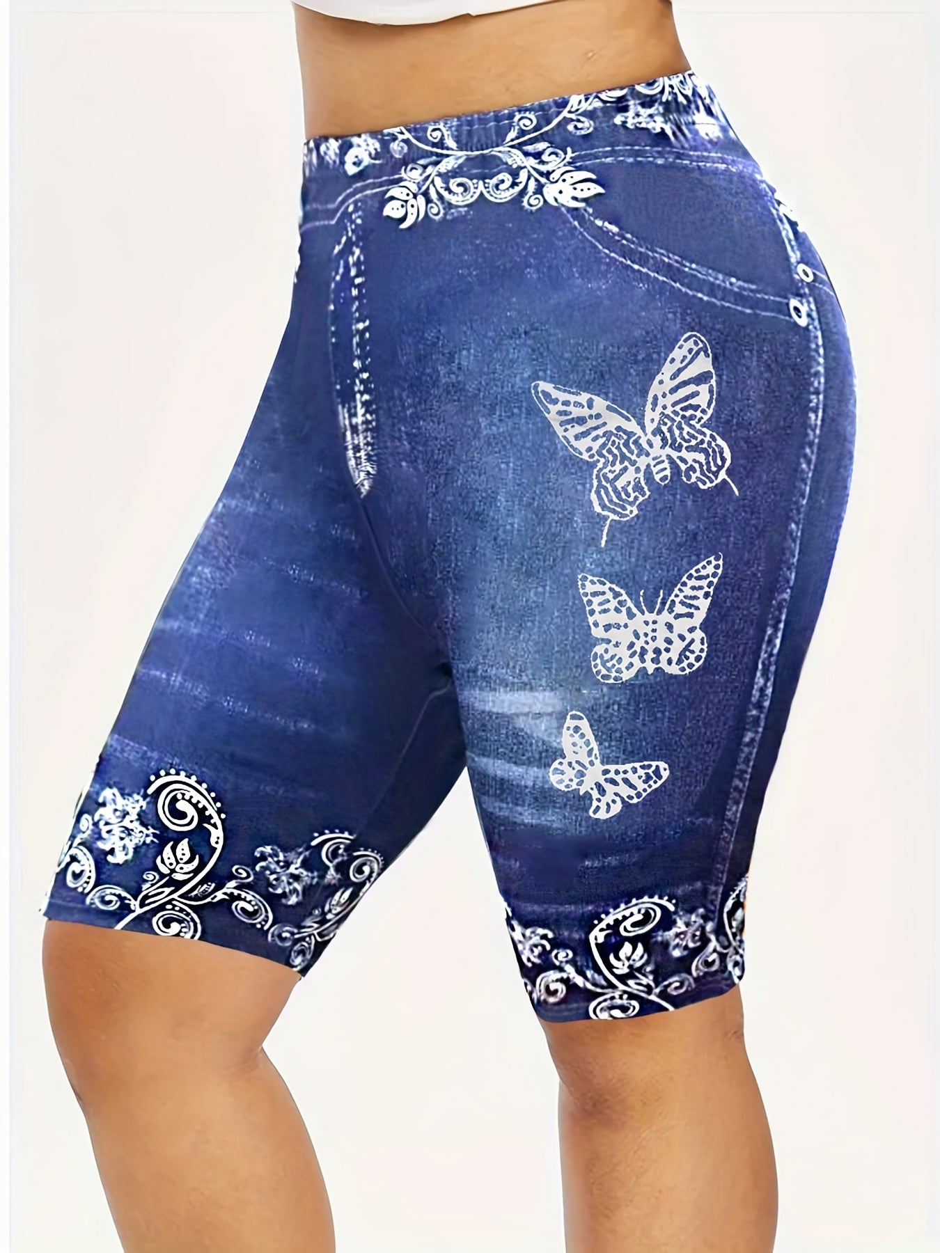  Denim & Butterfly Print High Rise Skinny Shorts