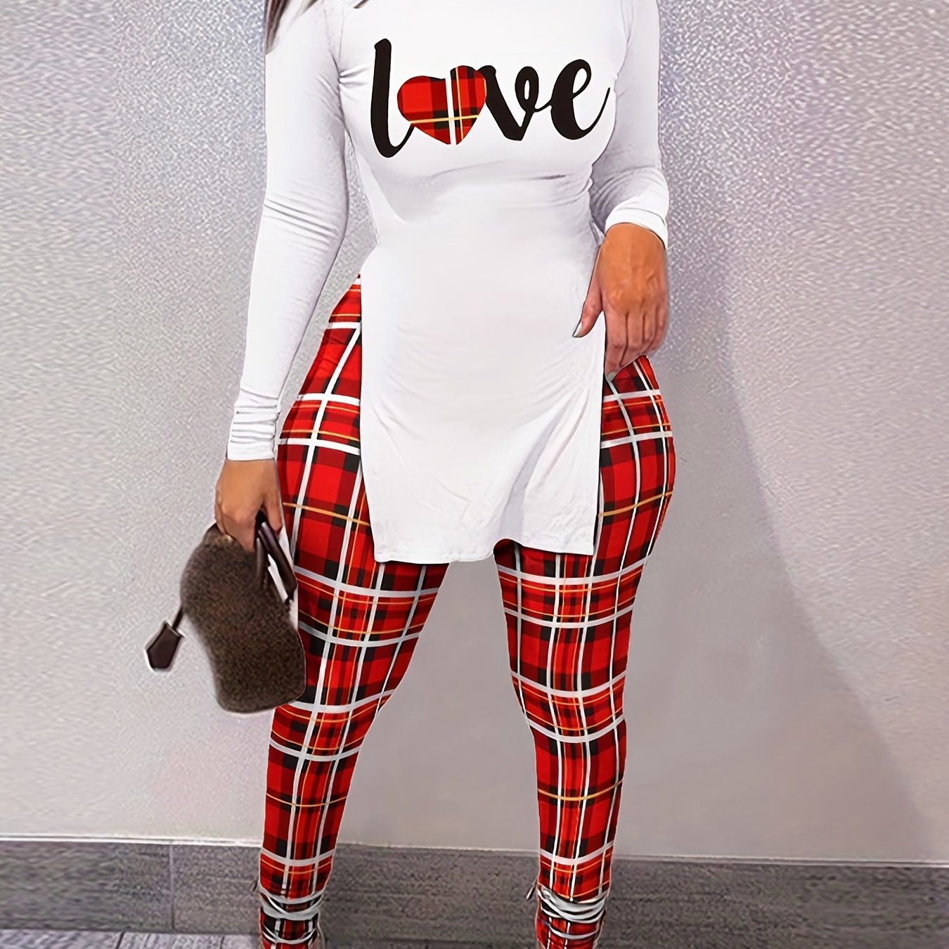  Plaid Heart & Letter Print Top & Leggings Set